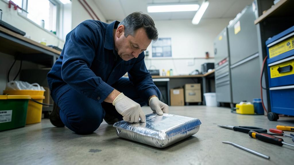 Un técnico con bata y guantes manipula un paquete de baterías hinchado envuelto en papel de aluminio.