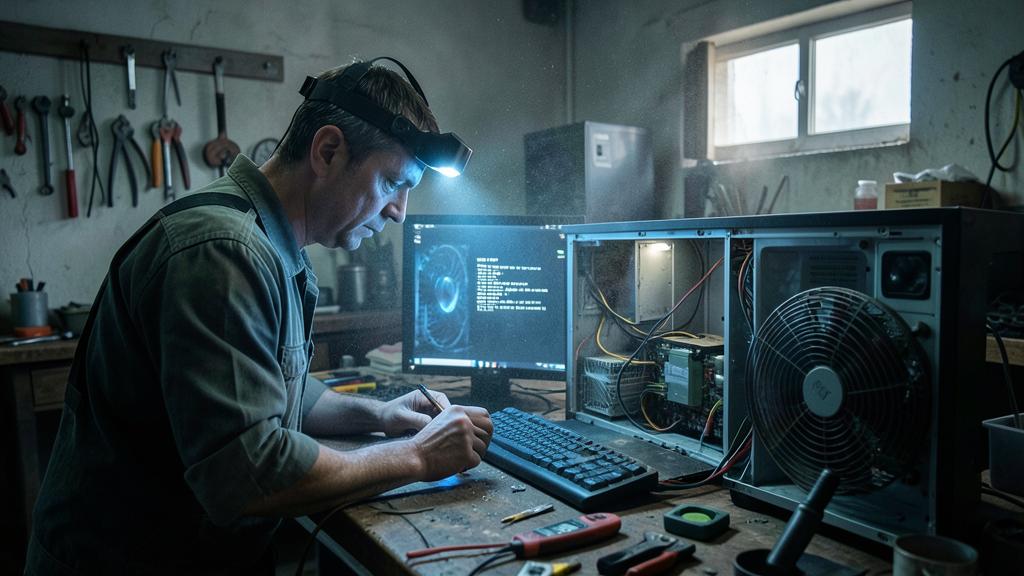 Ein Mann mit Stirnlampe arbeitet an einem auseinandergebauten Desktop-PC.