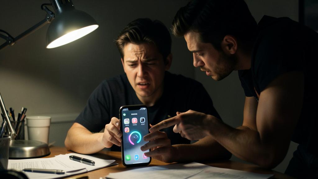 Deux hommes regardent un smartphone affichant une animation de chargement, l'air frustrés.