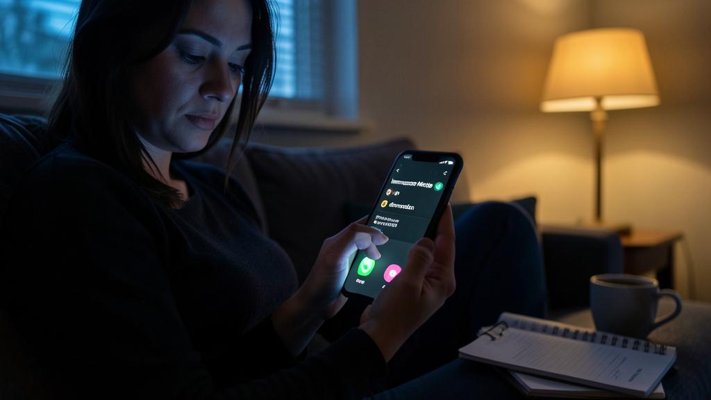Eine Frau schaut auf ihr Smartphone, das eine Anrufschnittstelle mit Annahme- oder Ablehnungsoptionen anzeigt.