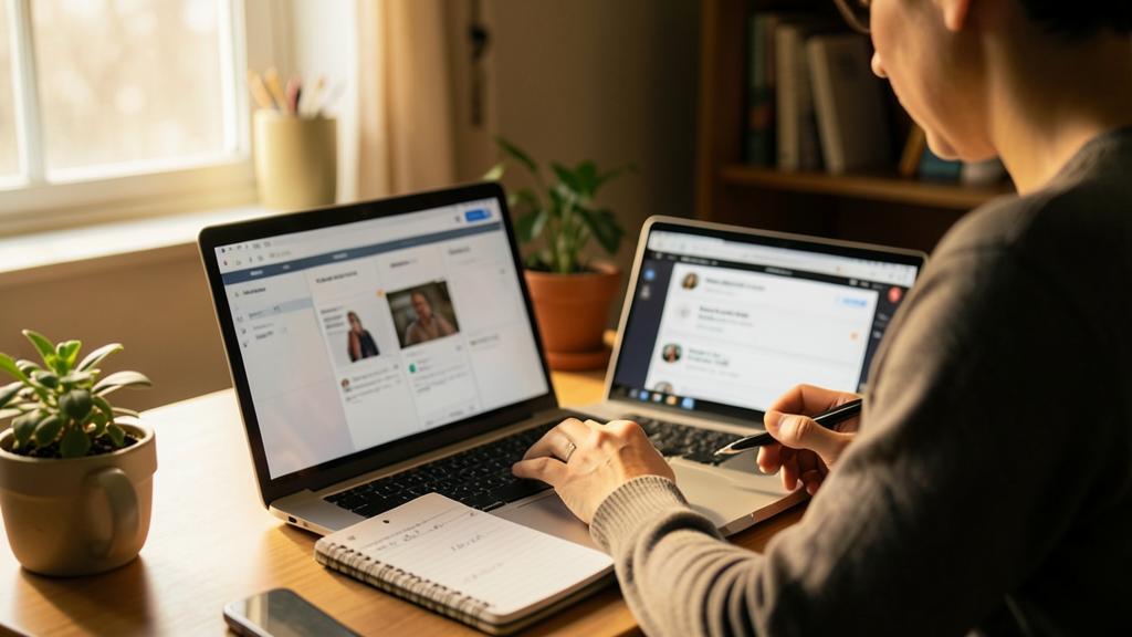 Eine Person arbeitet an einem Schreibtisch mit zwei Laptops, die Social-Media-Oberflächen anzeigen, und macht Notizen.