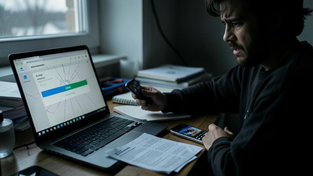 Un homme stressé devant un ordinateur affichant une erreur de 2FA, tenant un smartphone.