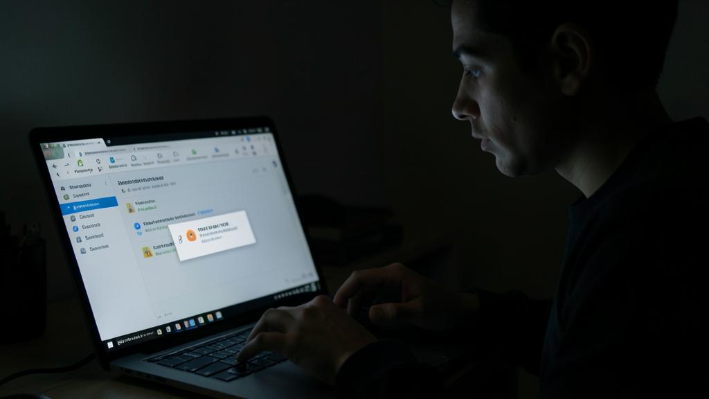 Un hombre usa un portátil en una habitación oscura, con la pantalla mostrando una notificación de cuenta comprometida.