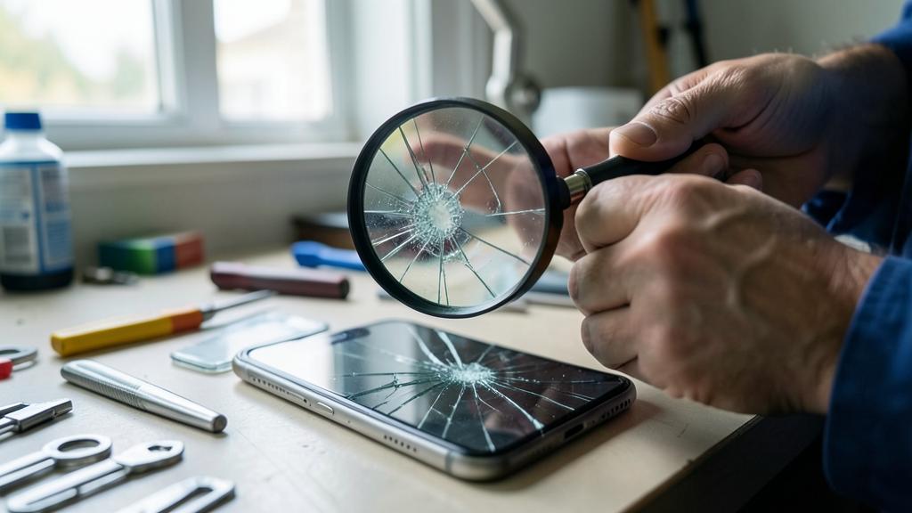 Eine Person untersucht einen zersprungenen Smartphone-Bildschirm mit einer Lupe auf einer Werkbank mit Werkzeugen.