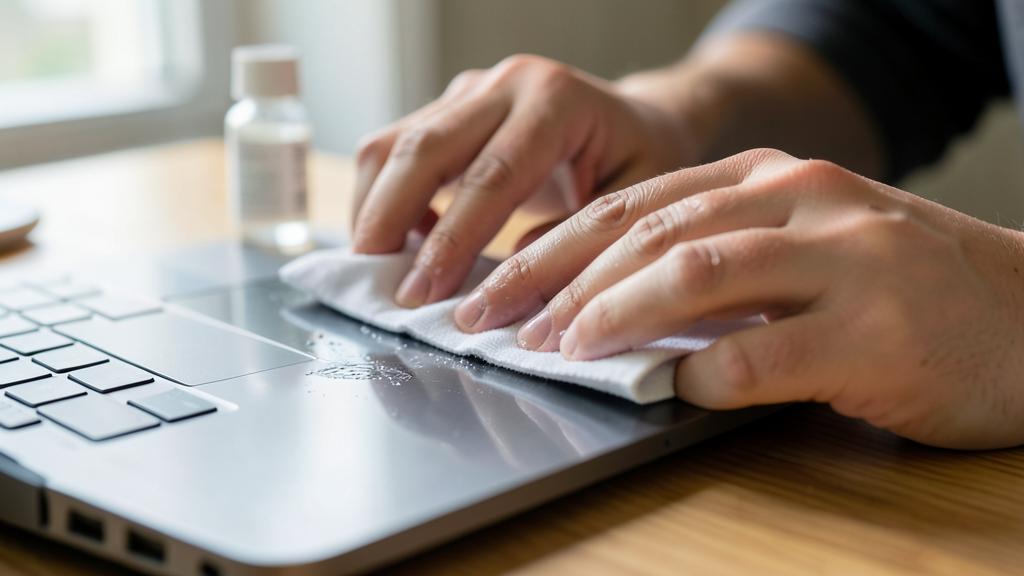 A person is cleaning the trackpad of a laptop with a cloth and a cleaning solution.