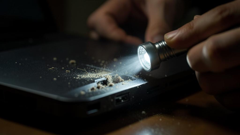 Une personne inspecte un port USB de laptop avec une lampe torche, révélant des débris.