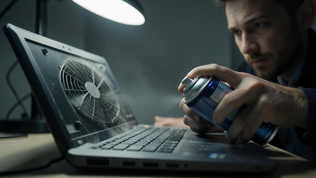 Un hombre limpia el ventilador de una computadora portátil con aire comprimido.