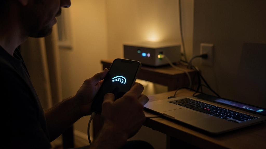 Une personne tient un smartphone affichant un symbole Wi-Fi, avec un ordinateur portable et un modem en arrière-plan.