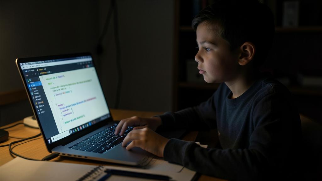 A young boy is focused on a screen displaying code, hands hovering over the keyboard.