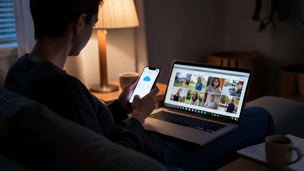 Une personne utilise un smartphone et un ordinateur portable pour une visioconférence.