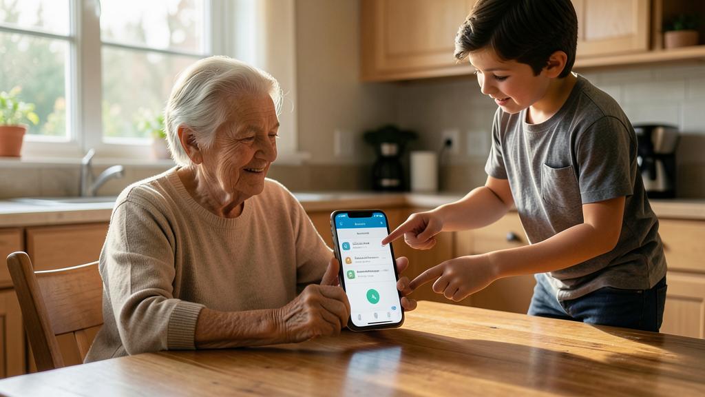 Eine ältere Frau und ein junger Junge betrachten gemeinsam ein Smartphone mit einer Gesundheits-App.