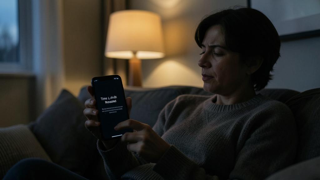 A woman looks at her smartphone displaying a screen titled 'Time Limit Resumed'.