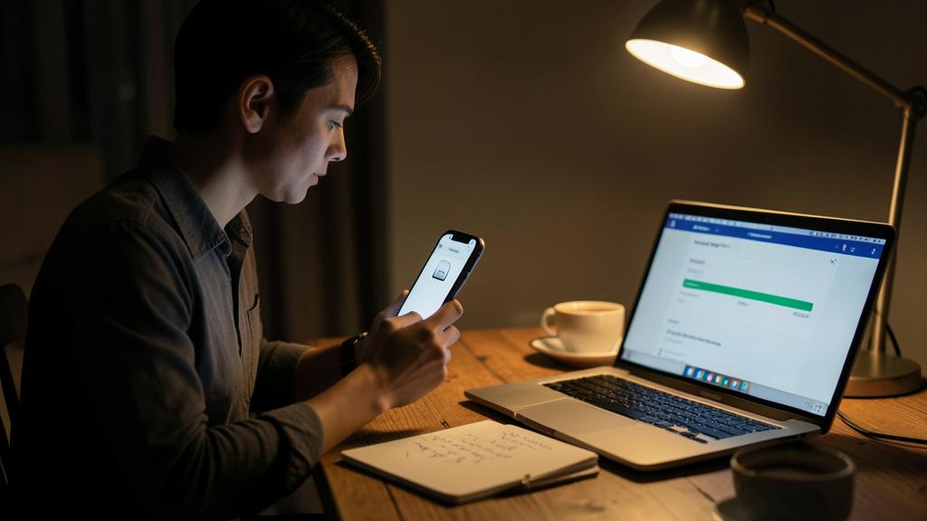Eine Person nutzt ein Smartphone und einen Laptop mit einer Backup-Oberfläche.