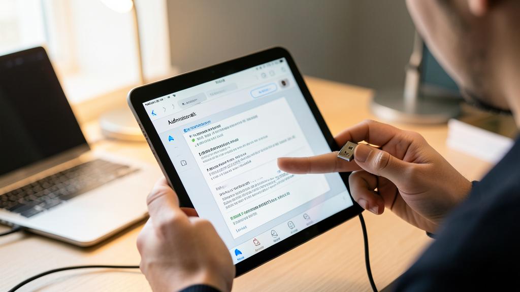 Une personne insère une clé USB dans un iPad avec l’application Fichiers ouverte.