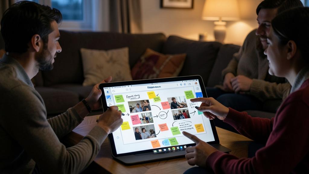 Trois personnes utilisent une tablette avec l'application Freeform pour un brainstorming collaboratif.