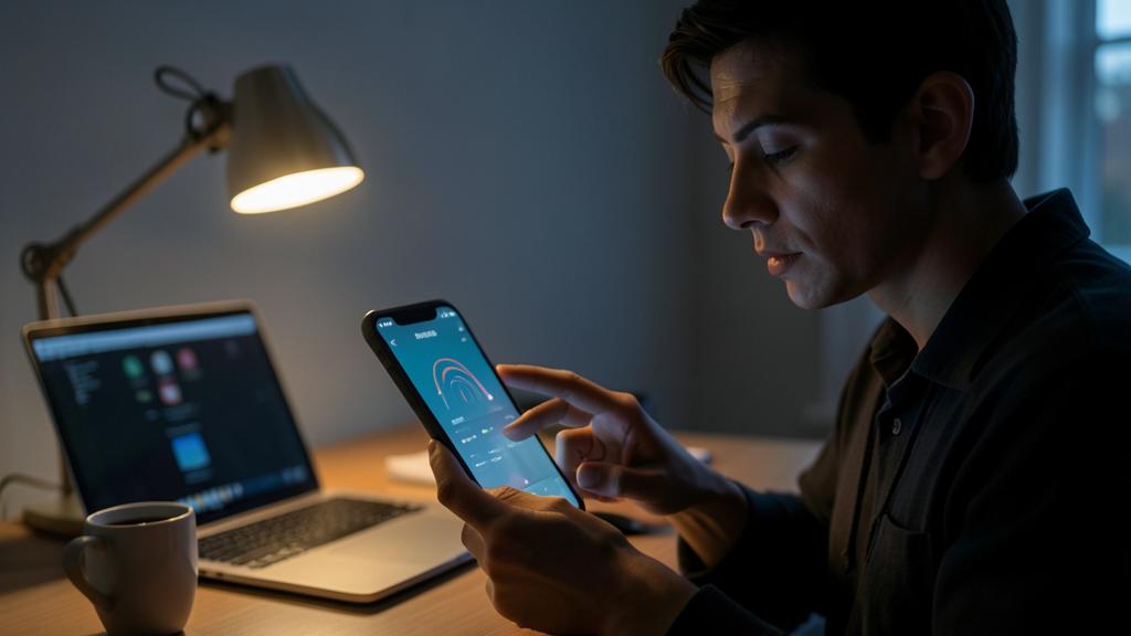 A man uses a smartphone displaying a sound customization interface in a dimly lit room.