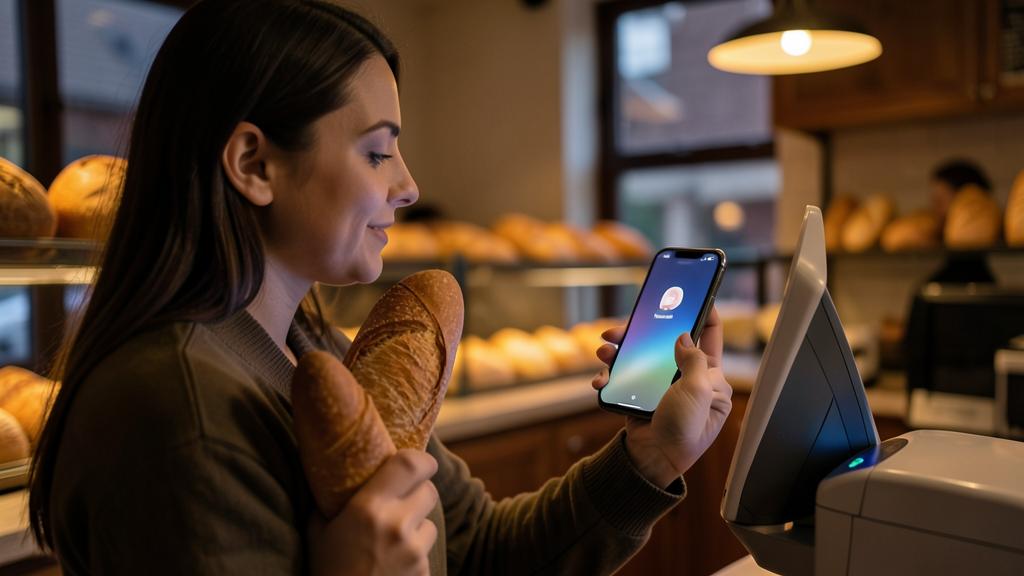 Una mujer paga una baguette en una panadería con su smartphone.