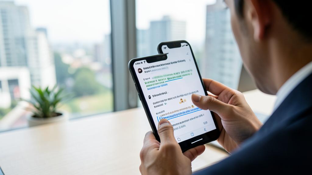 A man in a suit is using a smartphone to dictate text with a voice-to-text app.