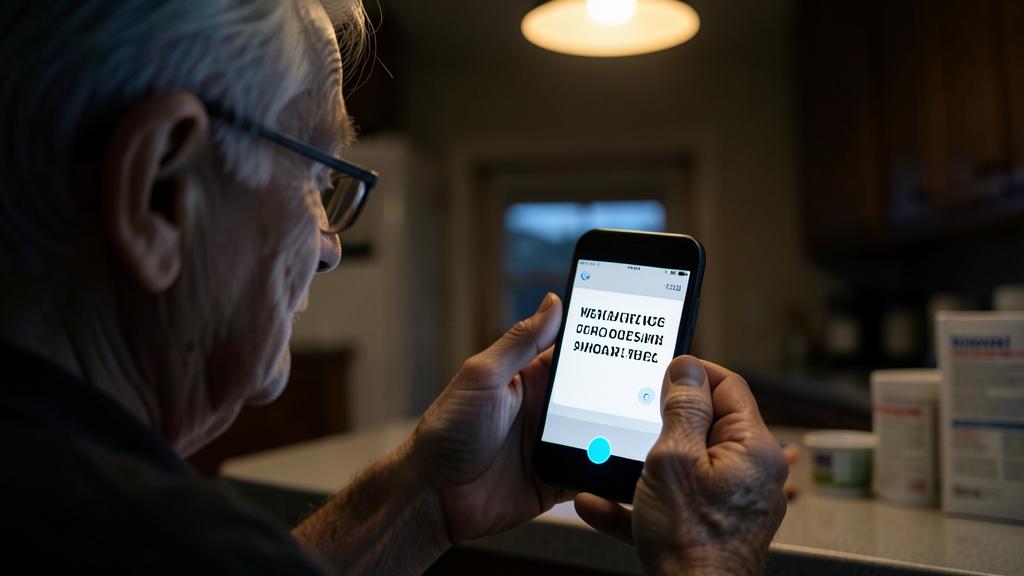 Ein älterer Mann nutzt ein iPhone mit vergrößertem, kontrastreichem Text.