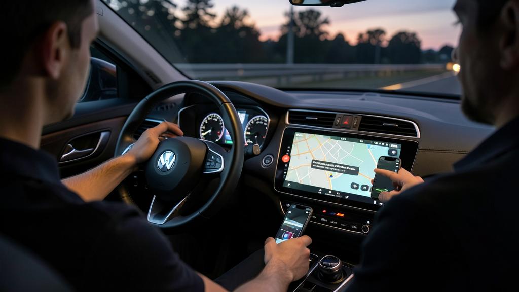 Deux hommes dans une voiture, l'un conduit, l'autre utilise un smartphone, avec un écran central affichant une carte de navigation.