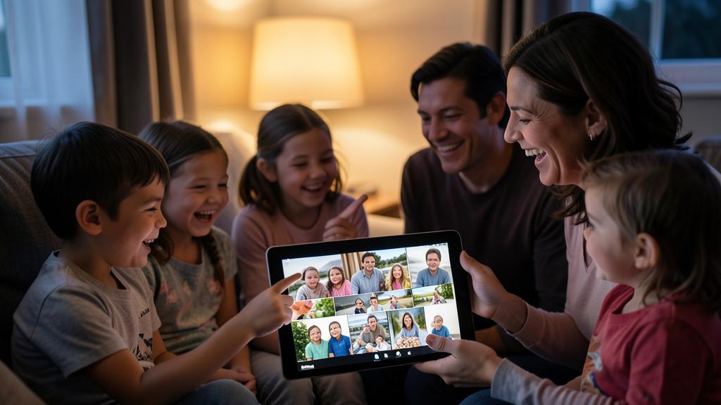 A family of five laughs while viewing a photo gallery on a tablet.