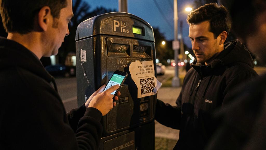Zwei Männer betrachten einen Parkautomaten mit einem QR-Code-Aufkleber, einer hält ein Smartphone.