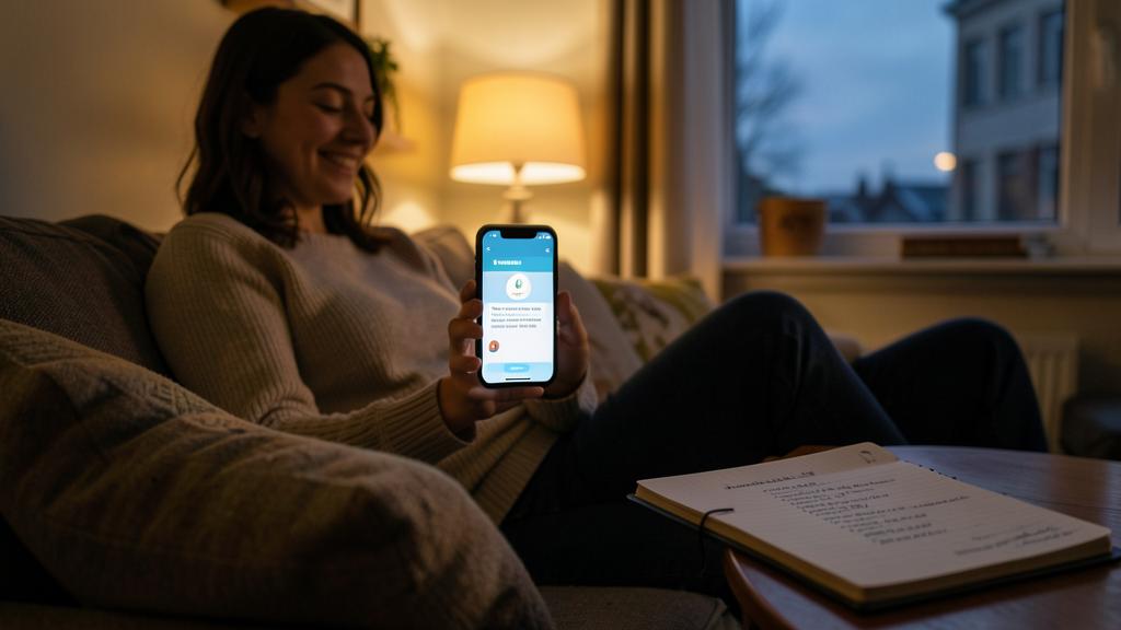 Eine Frau lächelt, während sie eine Smart-Home-App auf ihrem Smartphone betrachtet, daneben liegt ein Notizbuch.