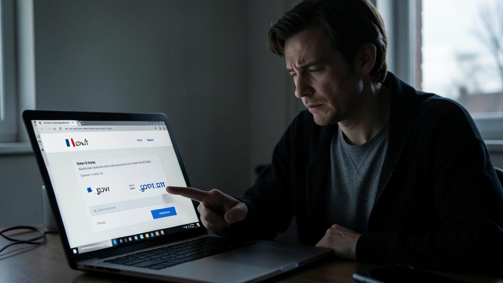 Un hombre señala una pantalla de computadora que muestra un sitio web falso del gobierno con una URL sospechosa.