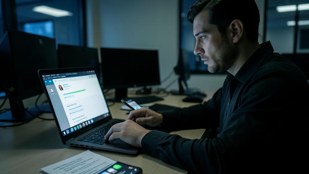 Un homme travaille sur un ordinateur affichant une interface de messagerie, un smartphone à la main.