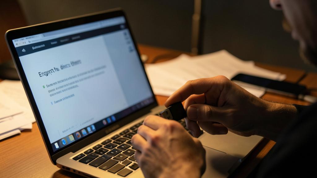 Eine Person steckt einen USB-Stick in einen Laptop, der eine französische Anleitung zur Verschlüsselung anzeigt.