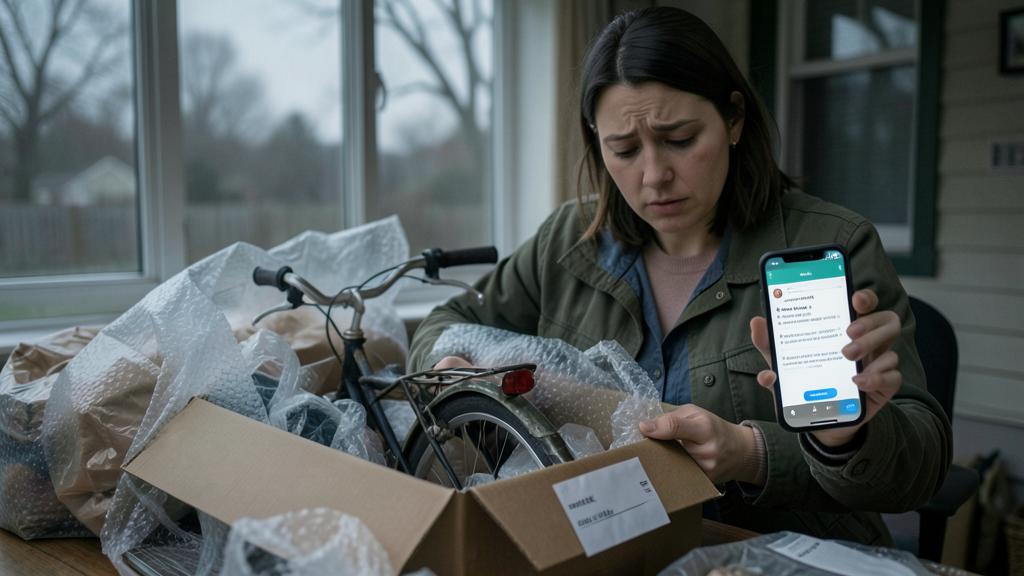 Une femme semble inquiète en consultant son téléphone, affichant une application de messagerie, tout en déballant un vélo d'une boîte remplie d'objets emballés dans du papier bulle.