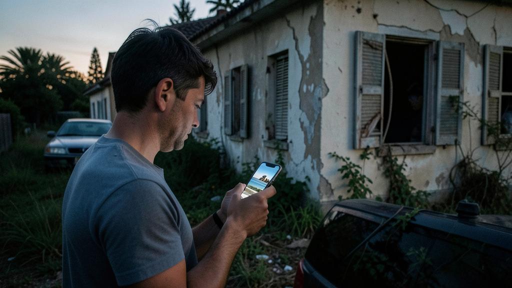 Un homme regarde son smartphone devant une maison en mauvais état, comparant une photo de plage tropicale.