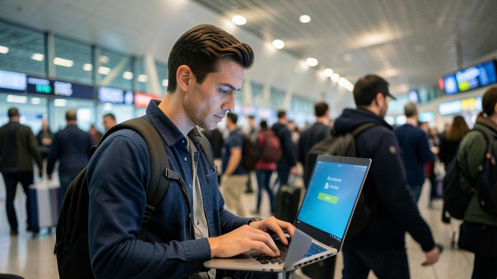 Un homme utilise un ordinateur portable dans un terminal d'aéroport, avec un écran affichant une page de connexion.
