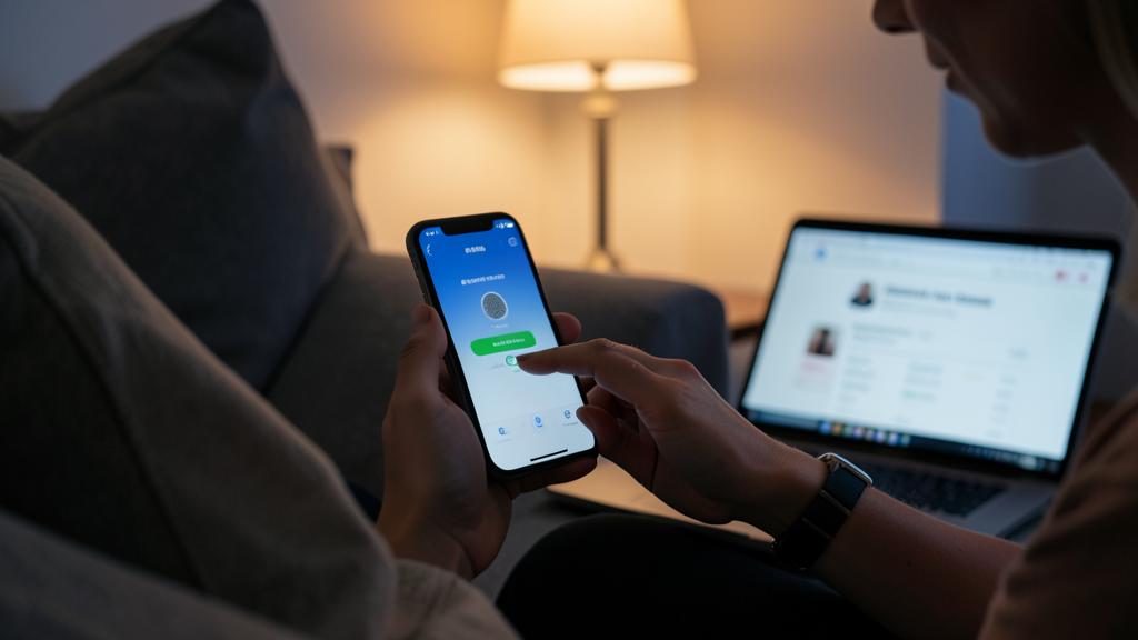 Une personne utilise une application bancaire sur un smartphone, avec un ordinateur portable en arrière-plan.