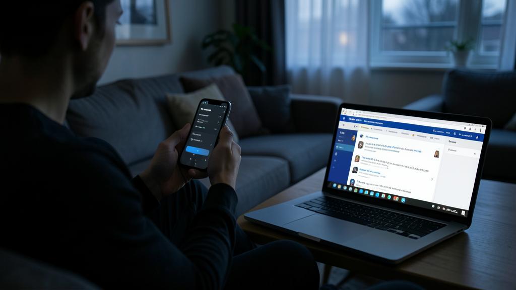 A person uses a smartphone and a laptop in a dimly lit room.