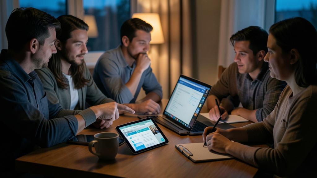 A group of adults gathered around a table with a laptop and a tablet.