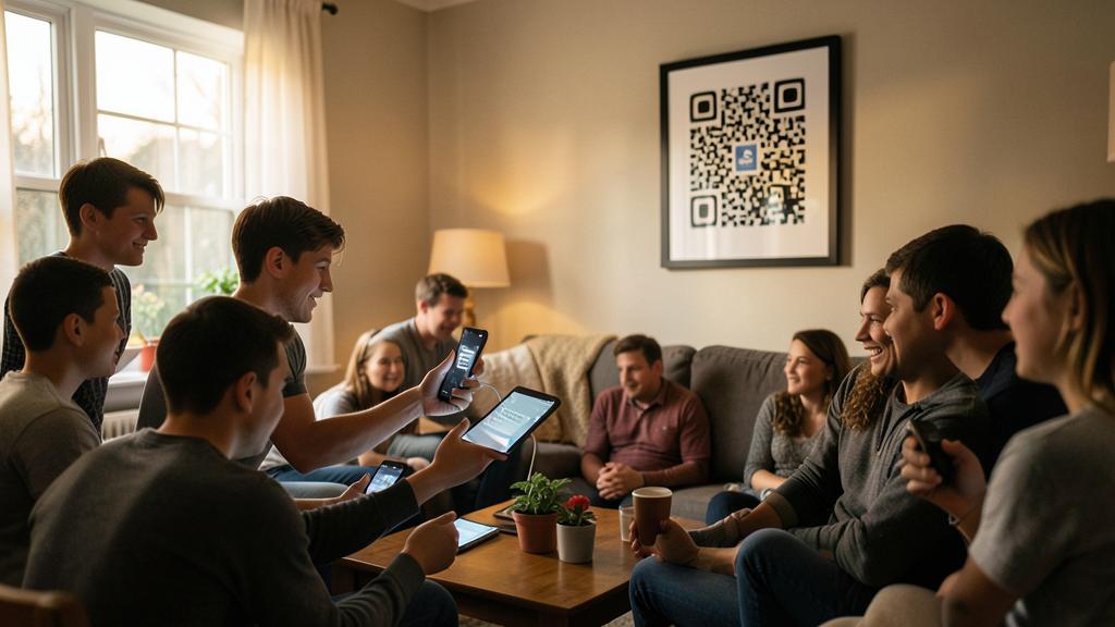 Un groupe de jeunes utilise des smartphones et des tablettes dans un salon, avec un QR code affiché au mur.