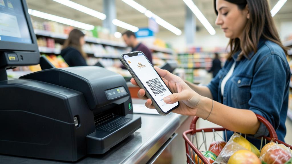 A woman scans a barcode with her smartphone at a grocery store checkout.