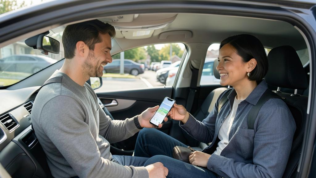 Un homme et une femme sourient en regardant un smartphone affichant une appli de covoiturage.
