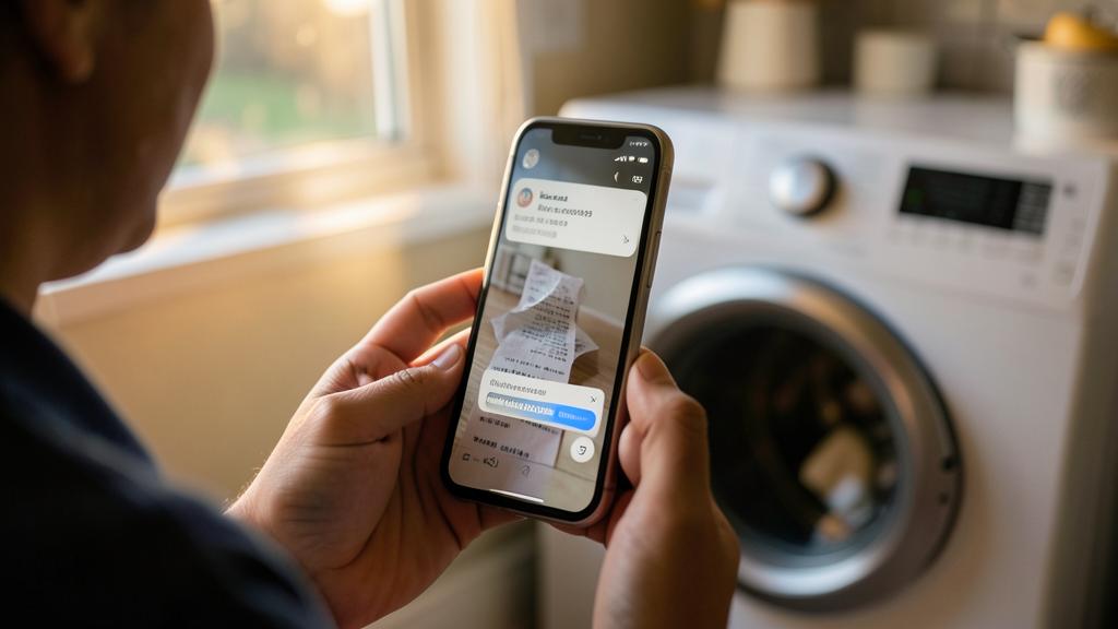 Une personne tient un smartphone affichant une application de numérisation avec un reçu à l'écran, dans une buanderie.