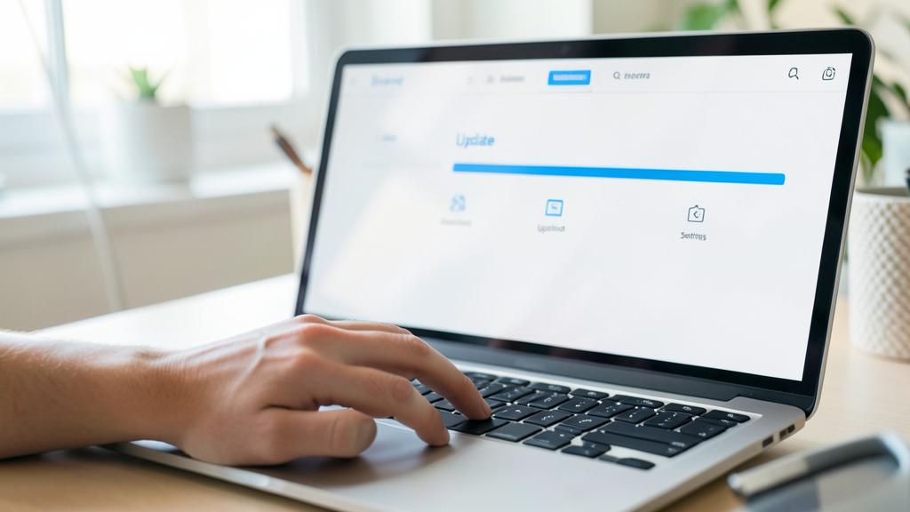 A hand types on a laptop keyboard with the screen displaying a software update progress bar.