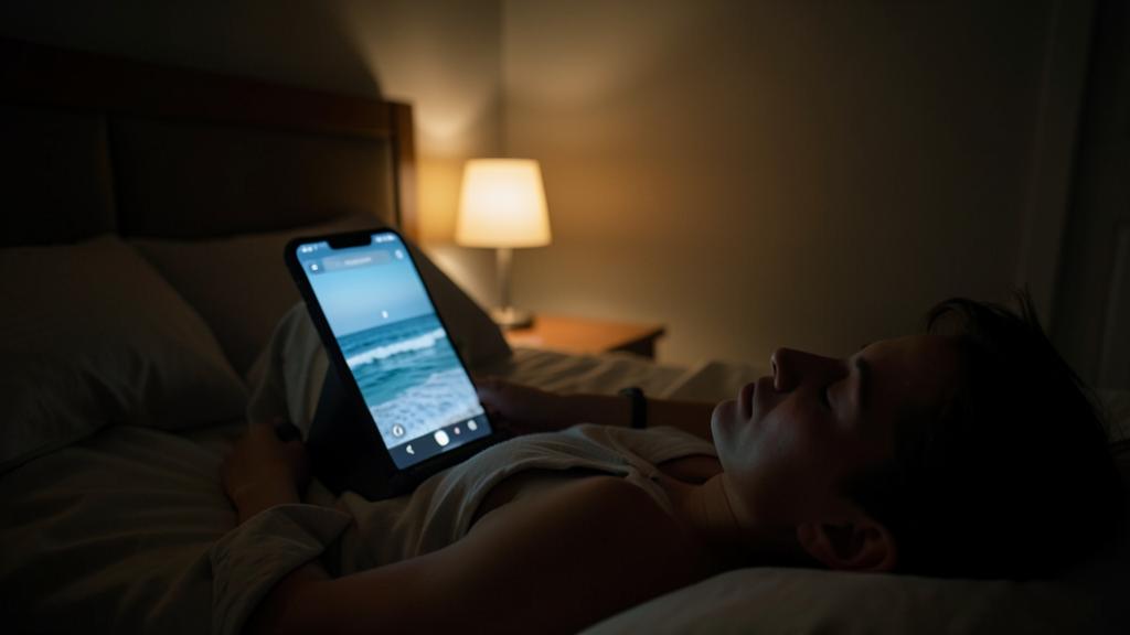 Une personne utilise une tablette avec une application de sommeil dans une chambre faiblement éclairée.