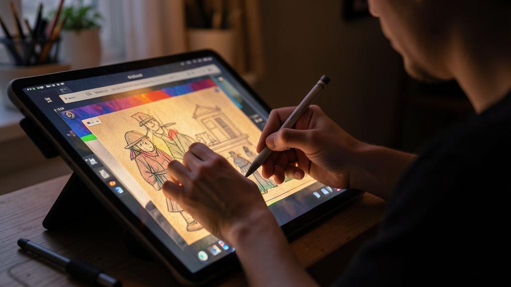 Una persona dibuja una ilustración de cómic en una tableta con un lápiz digital.