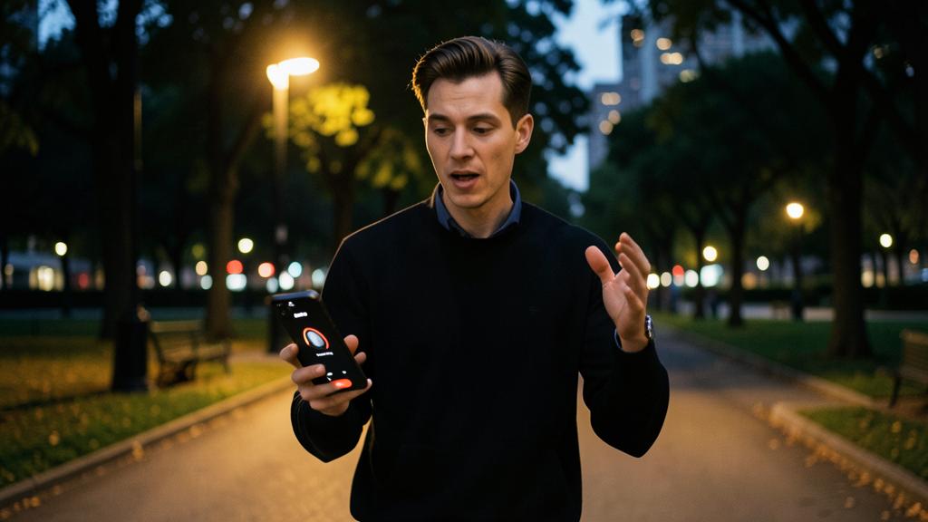 Un hombre camina en un parque al atardecer mientras graba una nota de voz en su smartphone.