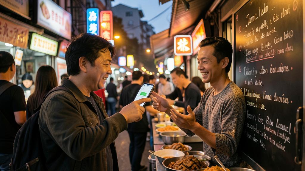 Deux hommes sourient et échangent devant un stand de nourriture de nuit, l'un montrant un smartphone avec un écran de paiement.