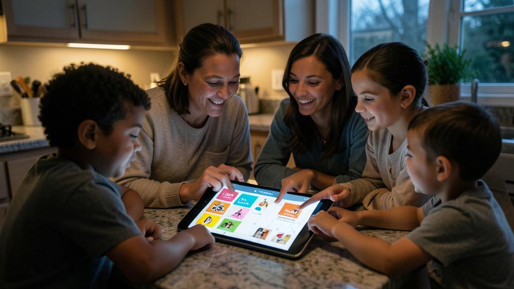 Une famille de quatre personnes sourit autour d'une table en utilisant une tablette.