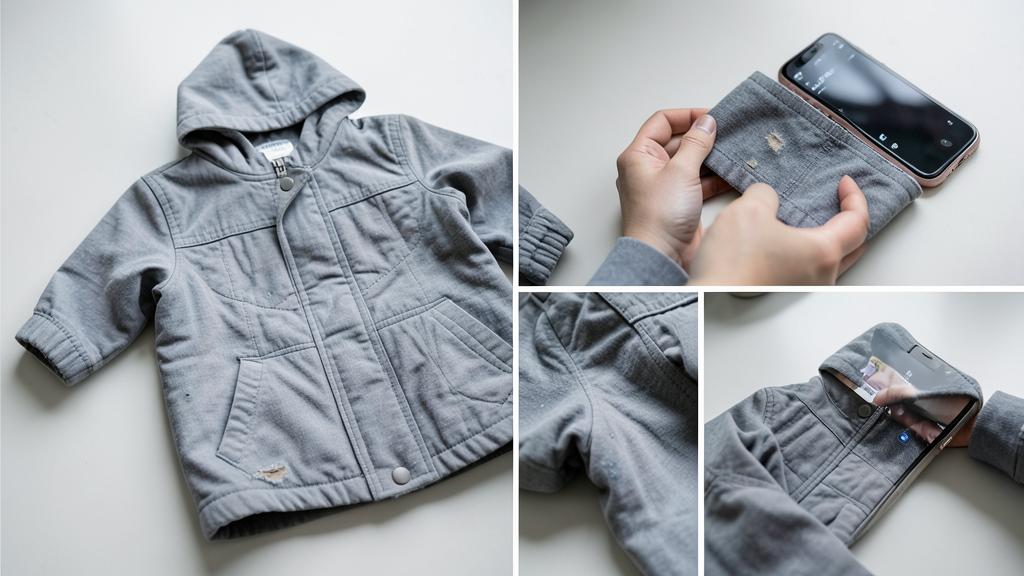 Un collage montrant une veste transformée en étui de téléphone avec un smartphone inséré.