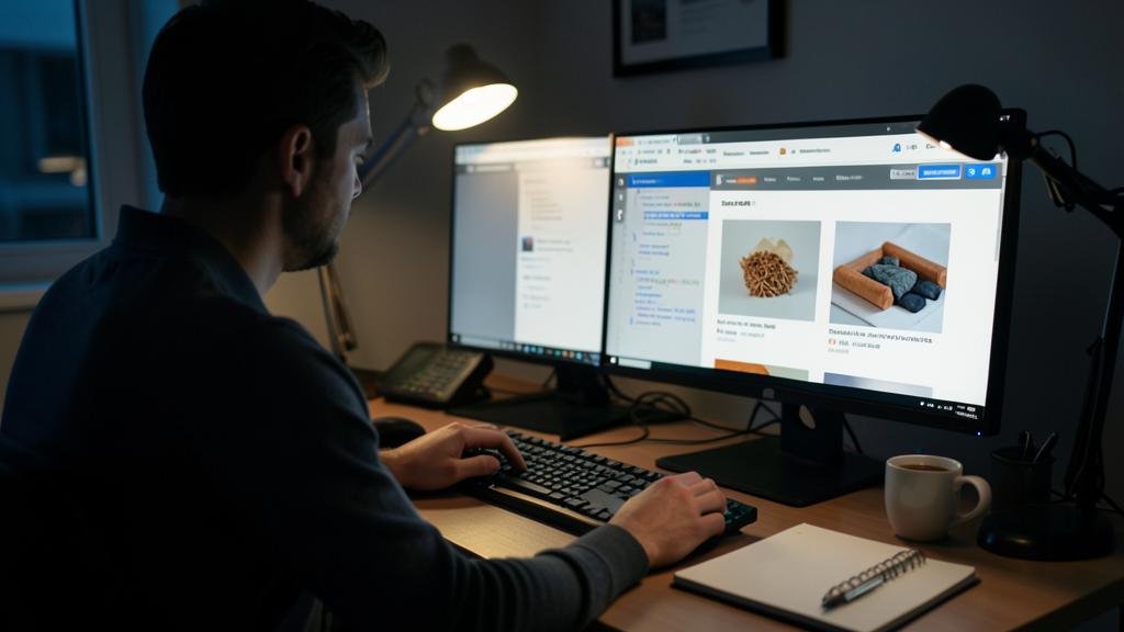 A man works on an e-commerce site with two monitors, a notebook, pen, and coffee cup nearby.