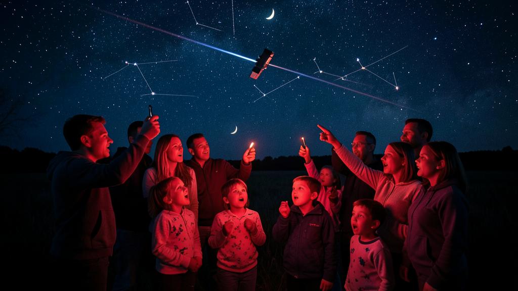 A diverse group looks up at a starry sky with smartphones, visible satellites, and laser beams.