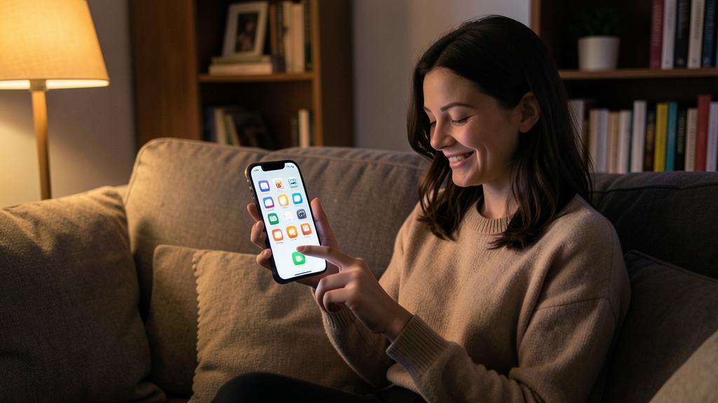 Eine Frau lächelt, während sie ein Smartphone mit einem Raster von App-Icons benutzt.